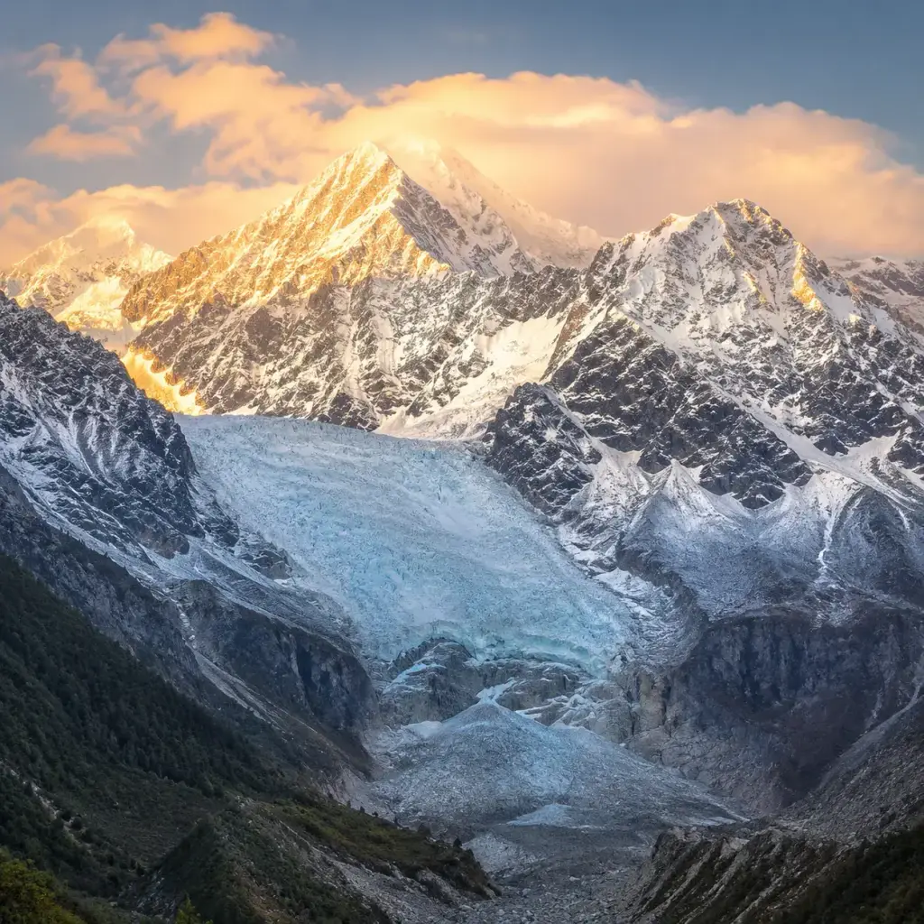 Ice fall and snow peaks of Hailuogou Glacier in Sichuan, China